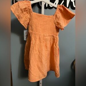 Cat & Jack Peach Short Sleeve Smocked Dress with Gold Pin Stripes and Pockets
